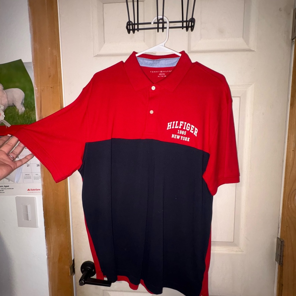Tommy Hilfiger Red and Navy Block Short Sleeve Polo